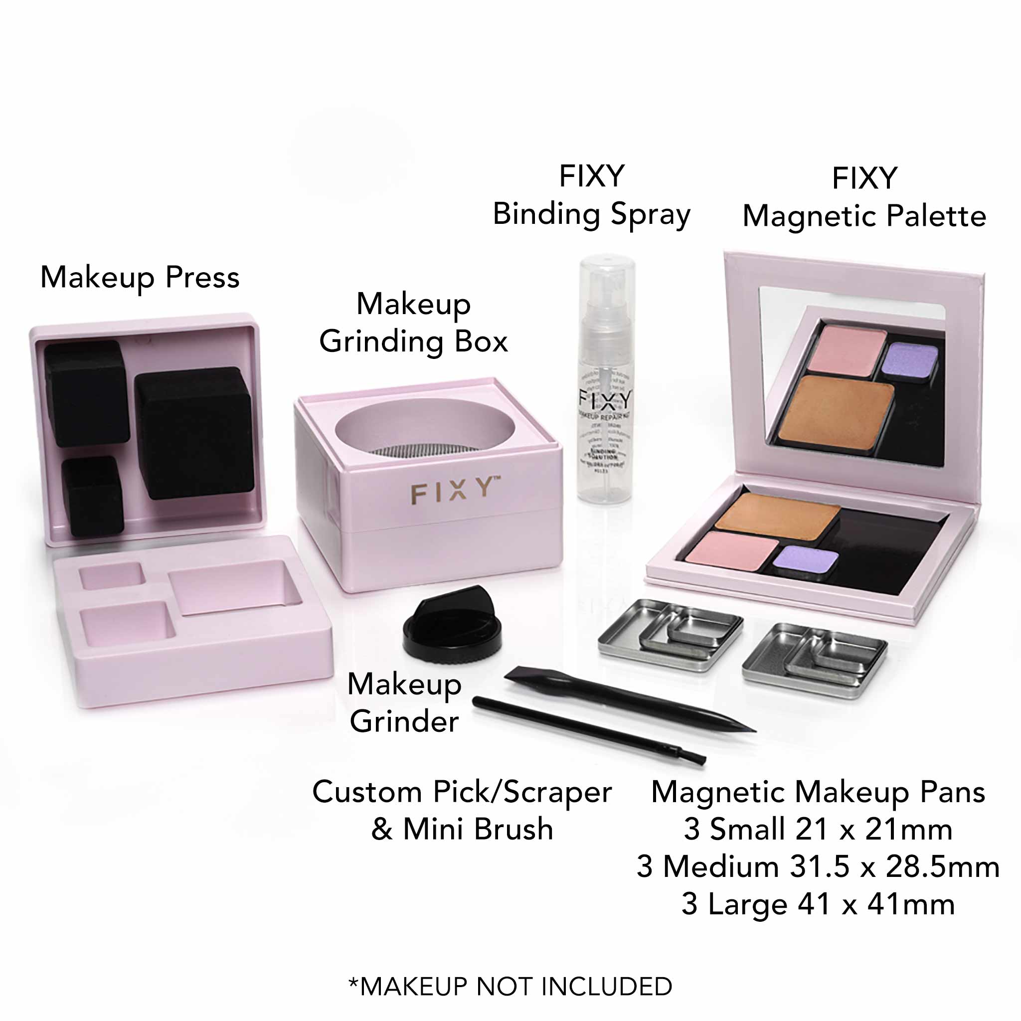 FIXY Makeup Repressing Kit Square, perfect for repairing broken makeup and depotting, includes a Makeup Press, Grinding Box, Grinder, Binding Spray, Magnetic Palette, Pick/Scraper with Mini Brush, plus small (21x21mm), medium (31.5x28.5mm), and large (41x41mm) Magnetic Makeup Pans. Note: Makeup not included.