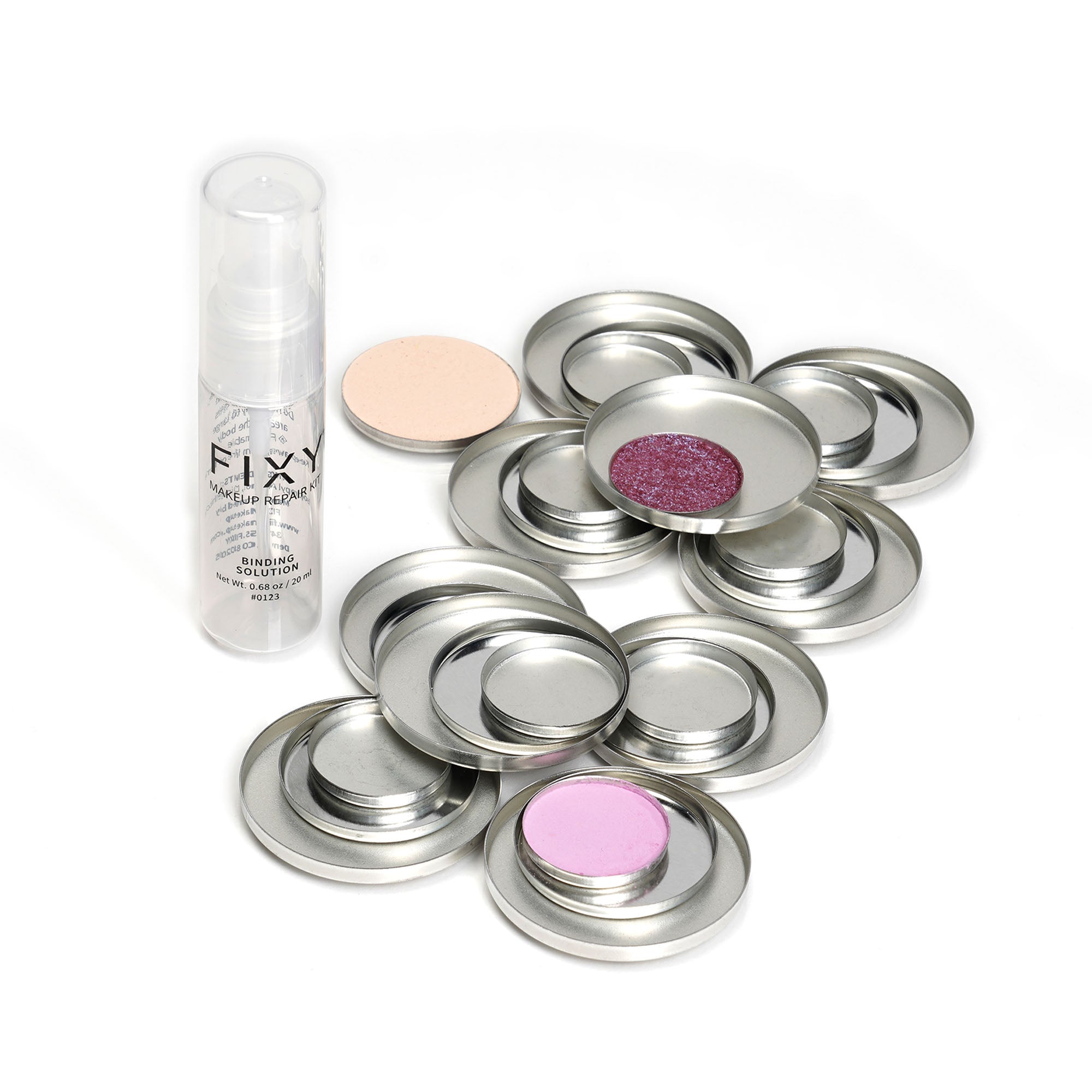 FIXY Ultimate Makeup Refill Kit with 10 each of small (27mm), medium (37mm), and large (47mm) empty circle magnetic pans, three pans filled with makeup for display, and a 0.68 oz FIXY Binding Spray bottle, for makeup repair and customization
