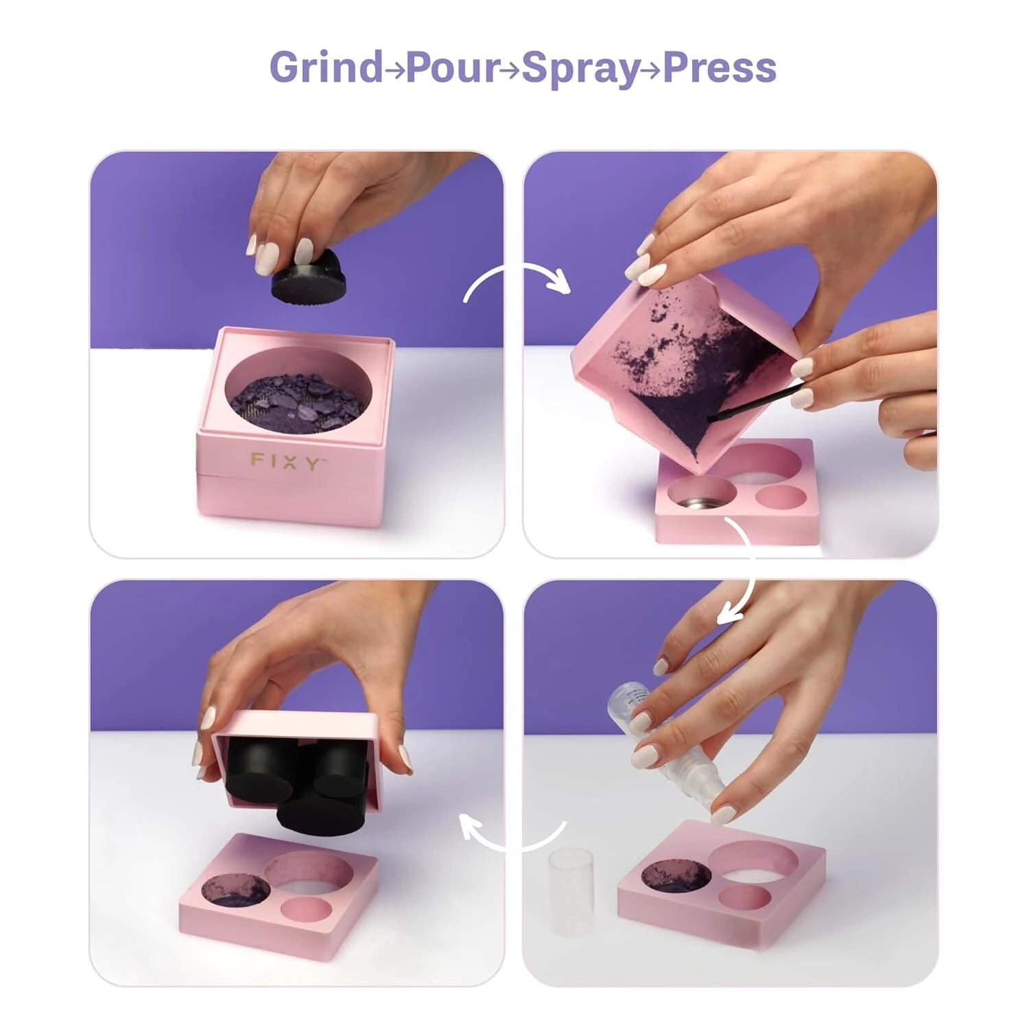 Step-by-step process of using  FIXY kit Grind Pour, Spray  Press