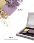 A makeup palette shown on a white background with a 'Before' and 'After' comparison graphic. The top-left shows loose powder swatches, and the bottom-right shows the open palette with three eyeshadow pans and a mirror, labeled 'After' with the text 'Magnetic palette included.