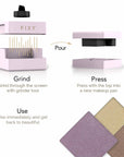 FIXY makeup grinding and pouring system, showing the lid removed to reveal a grinder tool, the product being poured, and three finished makeup pans