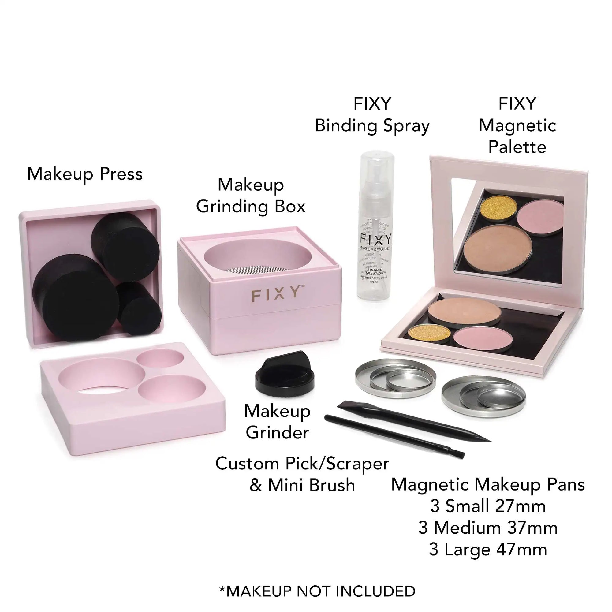 FIXY makeup repair kit shown with labeled components: makeup press, makeup grinding box, binding spray, magnetic palette, makeup grinder, custom pick/scraper and mini brush, and magnetic makeup pans. 