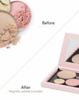 Before and after comparison of makeup powders in a magnetic palette.